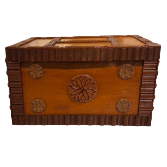 Flowery Hand Carved Tramp Art Box with Olive Green Suede Lining and Original Mirror
