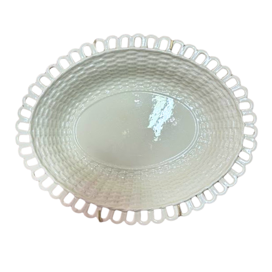 9.75" x 8.75" Oval Creamware Reticulated Basketweave Bowl Circa 1840 (#16953)