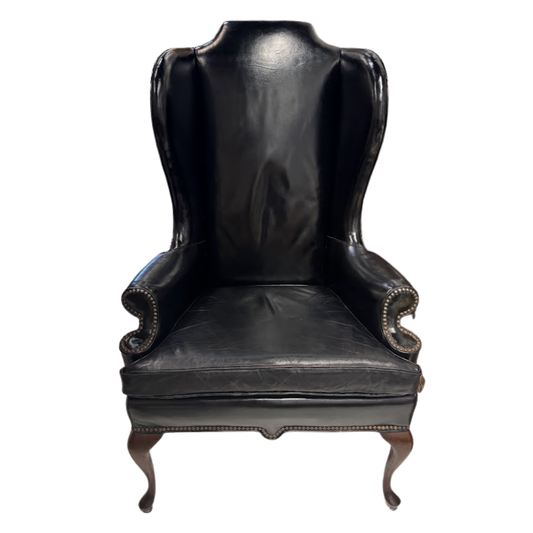 George II Style Black Leather Wing Chair