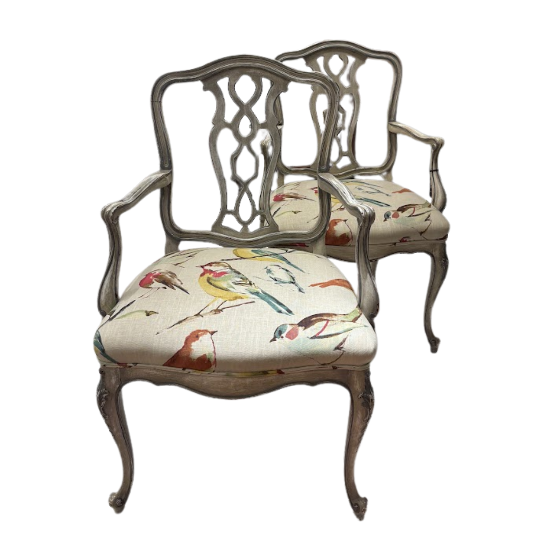 Pair Painted Louis XI Chairs with New Upholstery