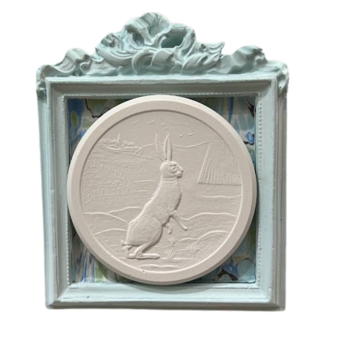 3.5" x 4.5" Handmade Rabbit Intaglio in Blue Painted Frame