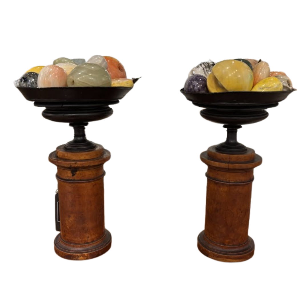 Pair of Tole Tazzas Mounted on Burlwood Socles with an Assortment of 22 Carved Stone Fruit