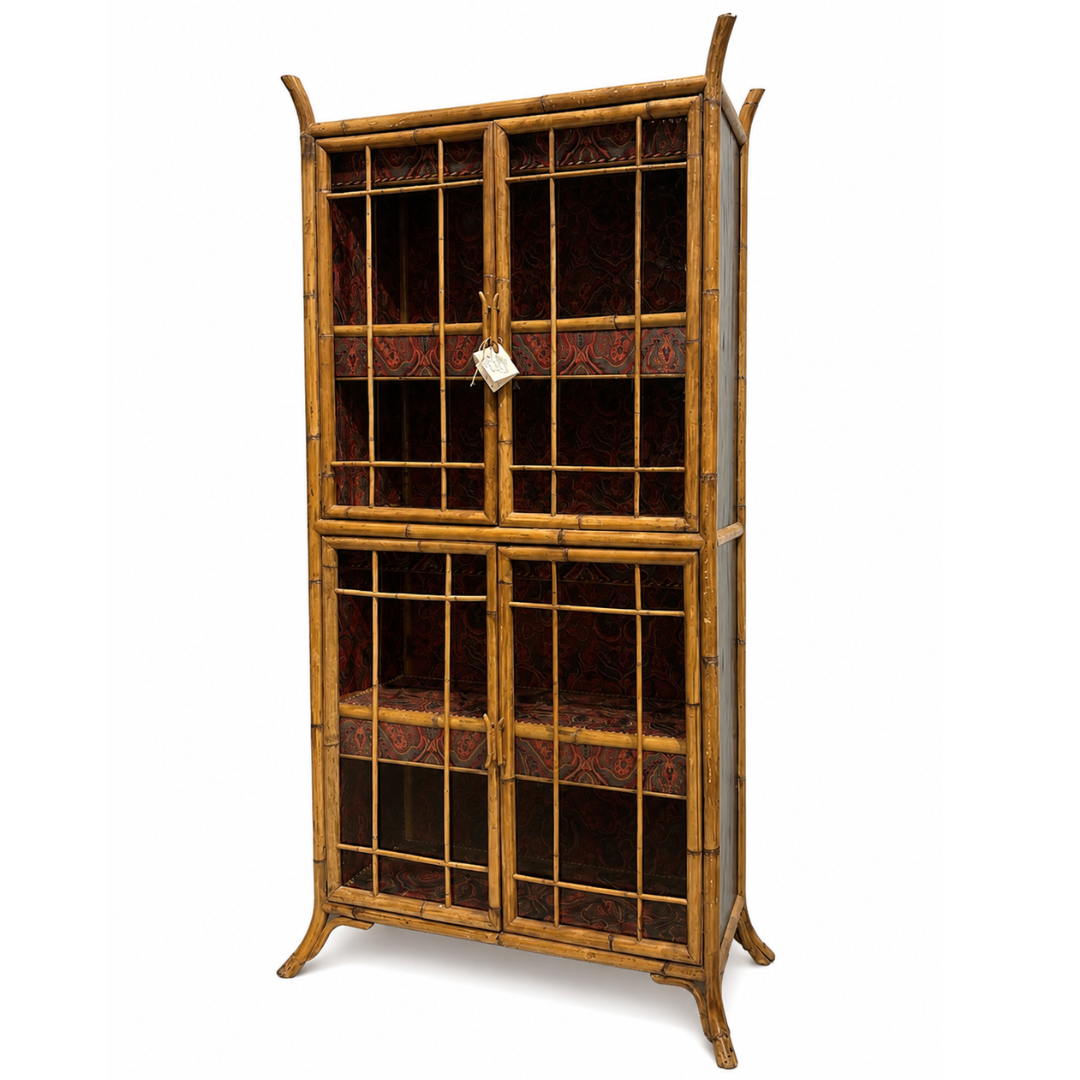 19th Century English Bamboo Cabinet with Glass Doors and Splayed Legs at Top and Bottom, Lined with a Paisley Fabric