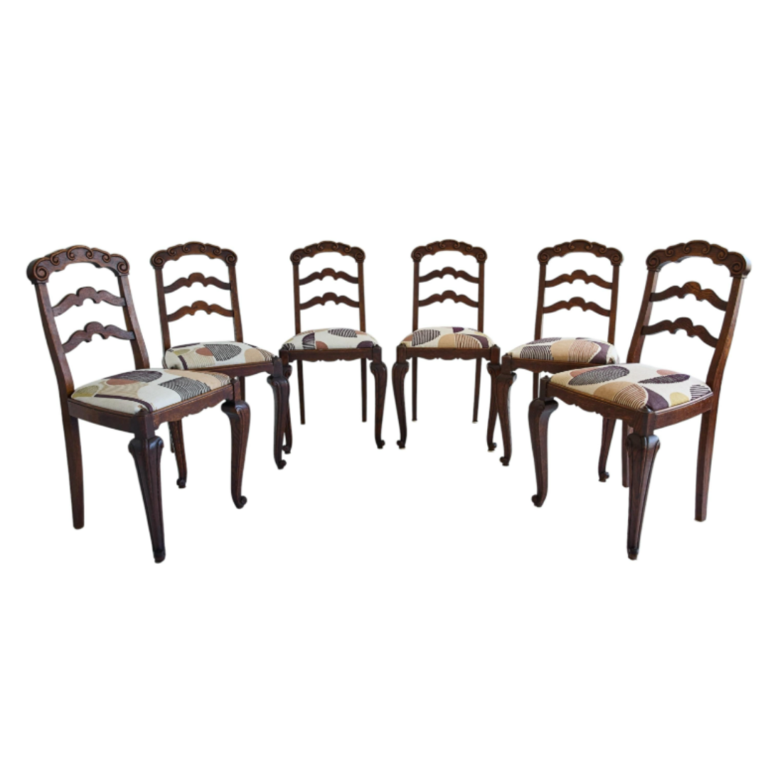 Set of Six French Provincial Oak Ladder-Back Dining Chairs with Upholstered Seats