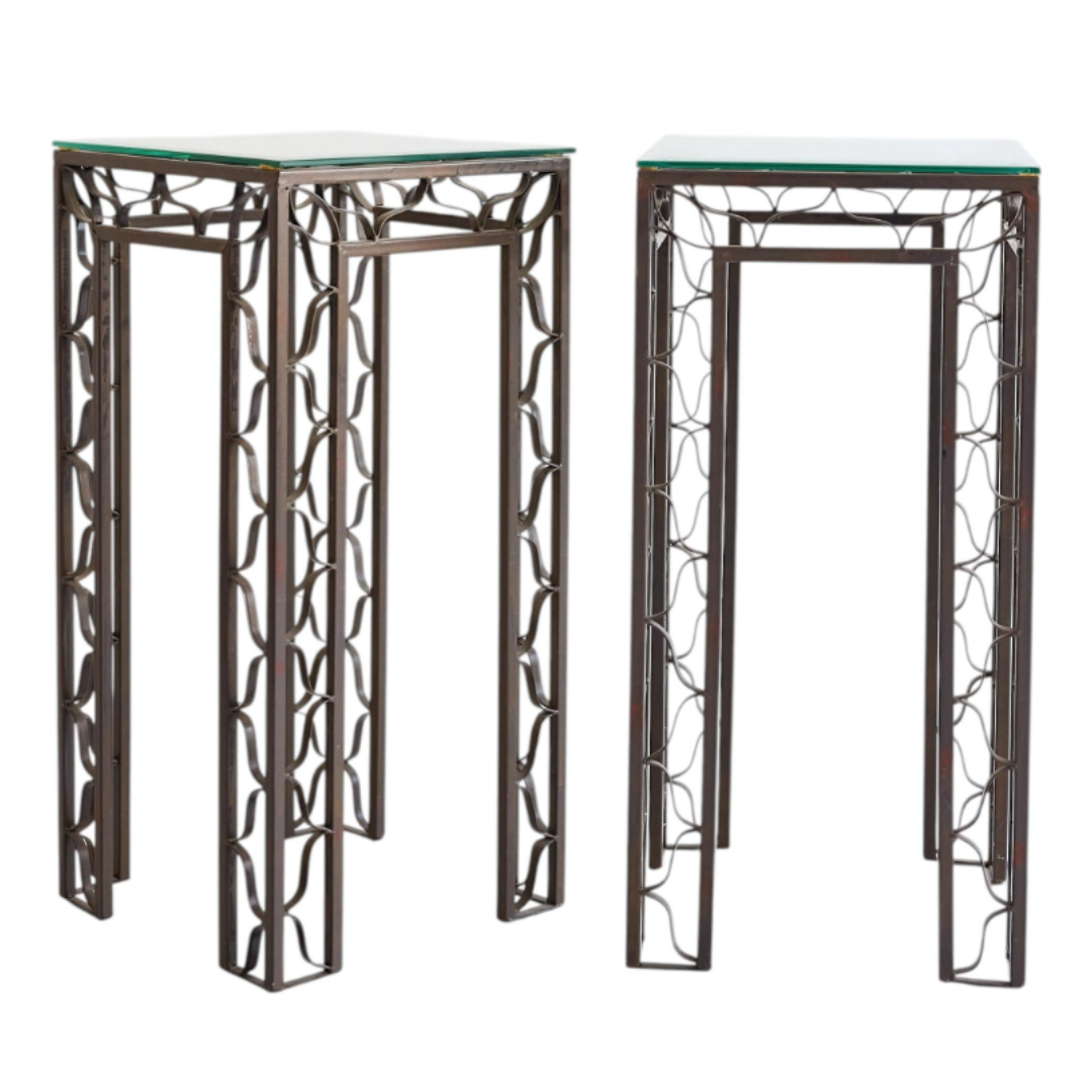 Pair of Pedestal Tables with Metalwork Frames and Glass Tops, Indoor/Outdoor