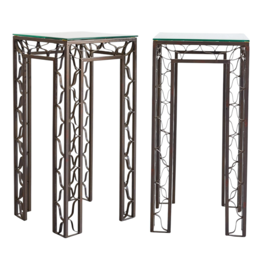 Pair of Pedestal Tables with Metalwork Frames and Glass Tops, Indoor/Outdoor