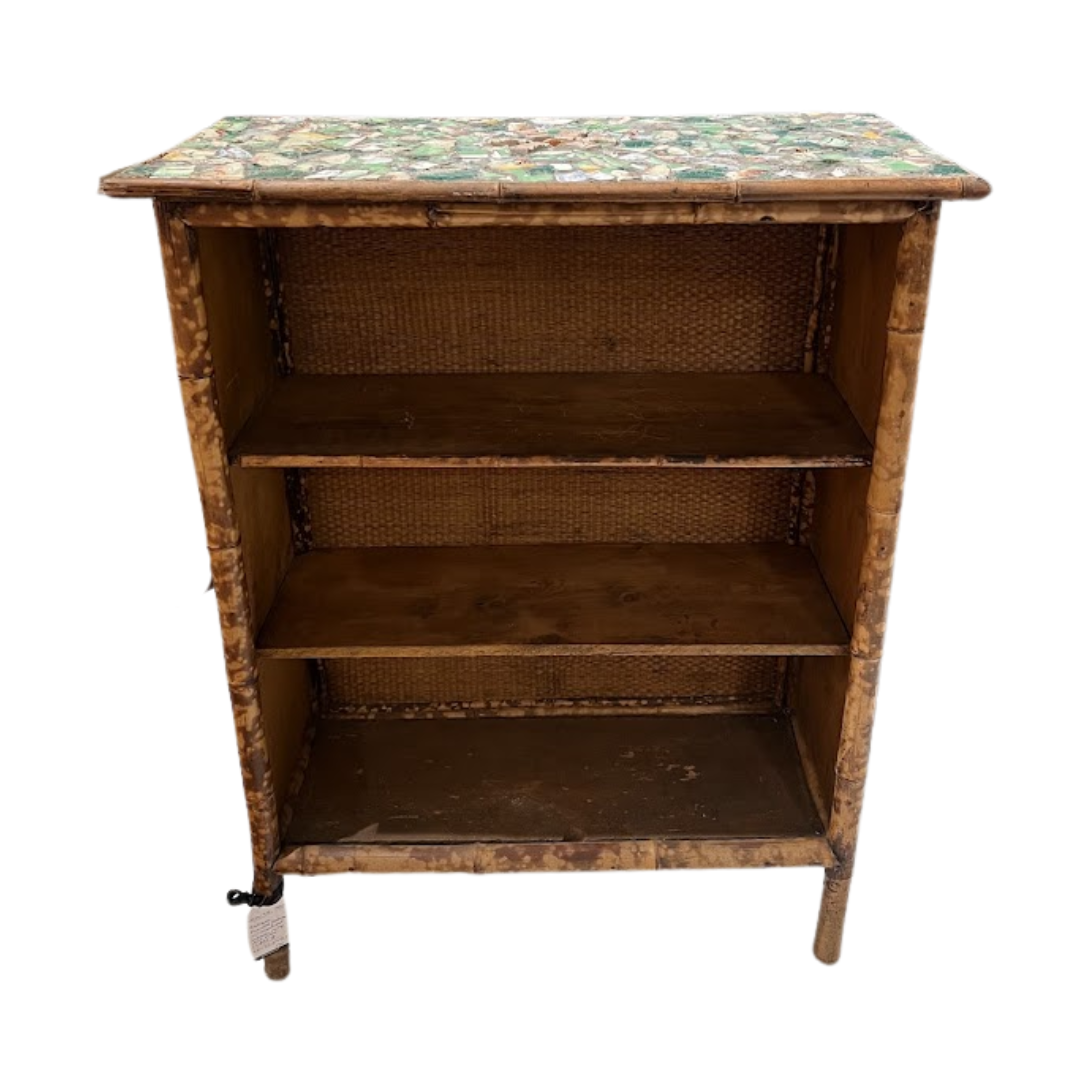 Antique Bamboo Bookcase with Majolica and Blue and White Mosaic on Top and Sides (Item 910)