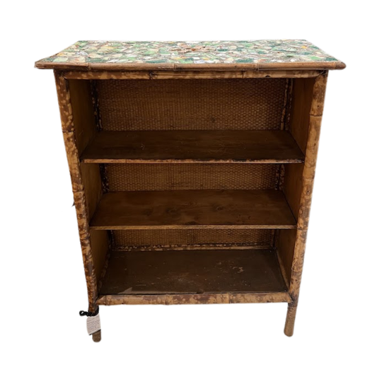 Antique Bamboo Bookcase with Majolica and Blue and White Mosaic on Top and Sides (Item 910)