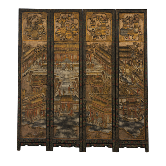 Carved Polychrome Chinese Screen Depicting the Forbidden City