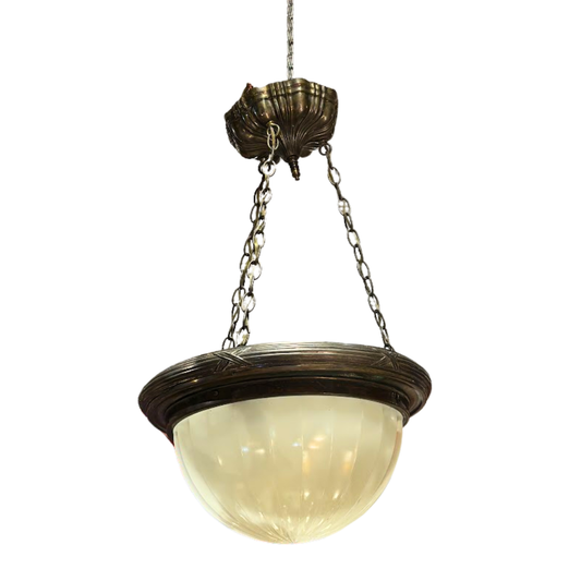 Large Antique Neoclassical Three Arm Brass and Glass Chandelier