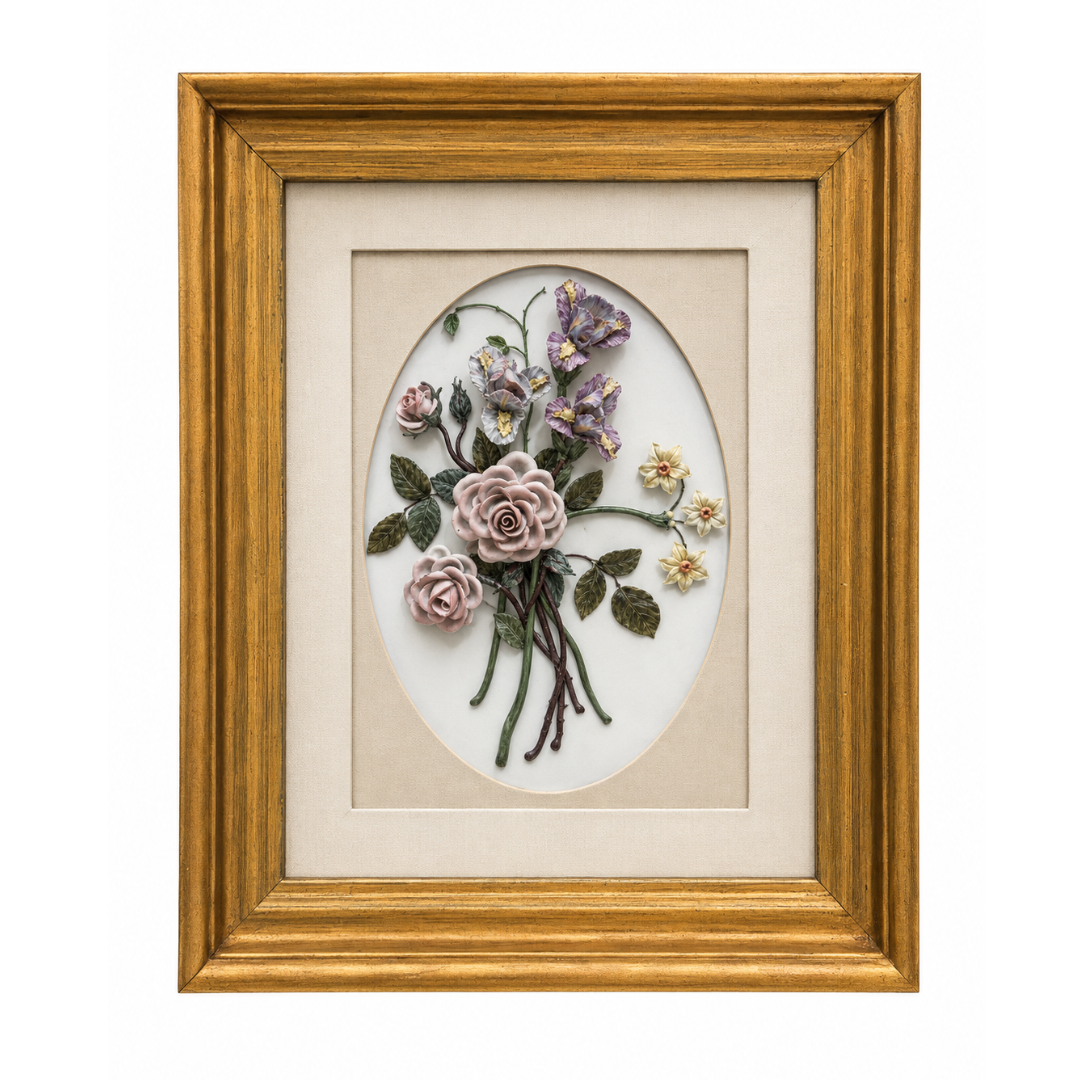 Porcelain Flower in Shadow Box with Gold Frame
