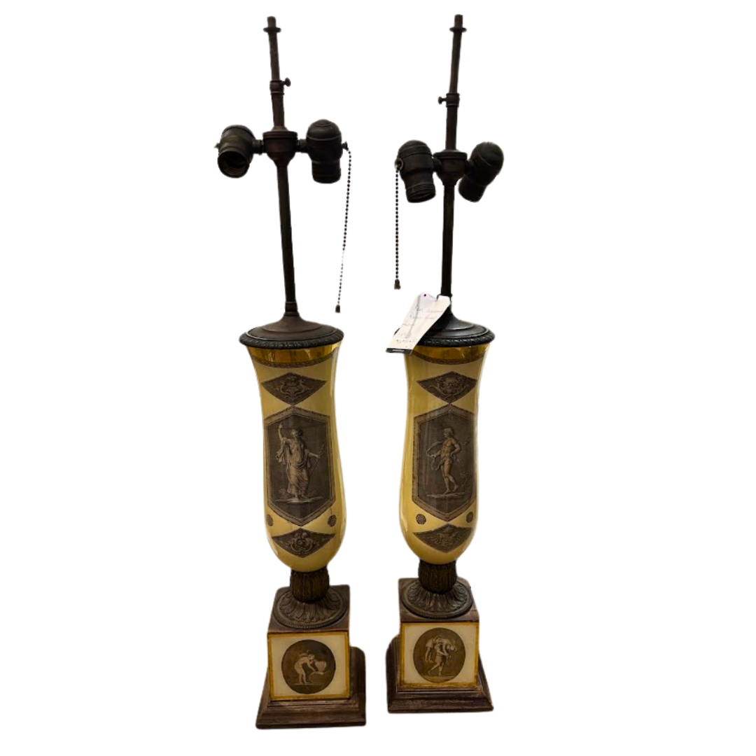 Pair Reverse Painted Neoclassical Style Lamps