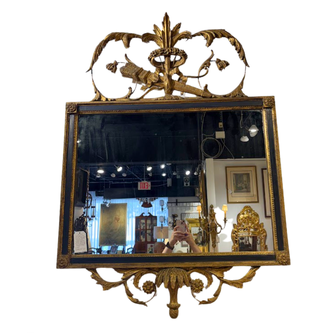 Antique 19th or Early 20th Century Neoclassical Giltwood Mirror Marked "Italy" with Torch and Laurel Wreath Design Symbolizing Victory, Honor and Enlightenment