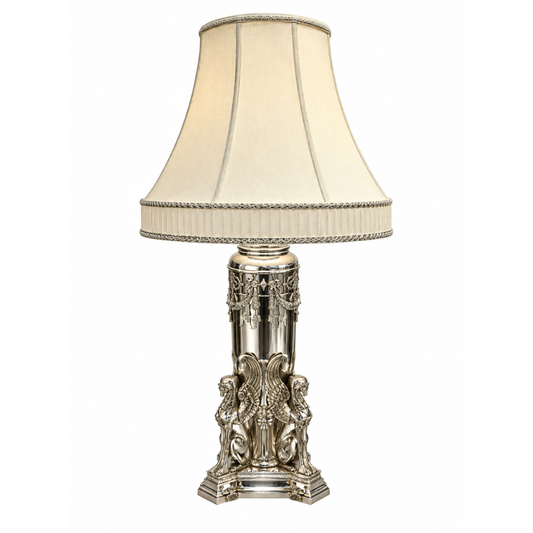 English Silver Plated Bronze Amphora Form Egyptian Revival Lamp Circa 1860 with Floral Swags Supported by The Sphinxes
