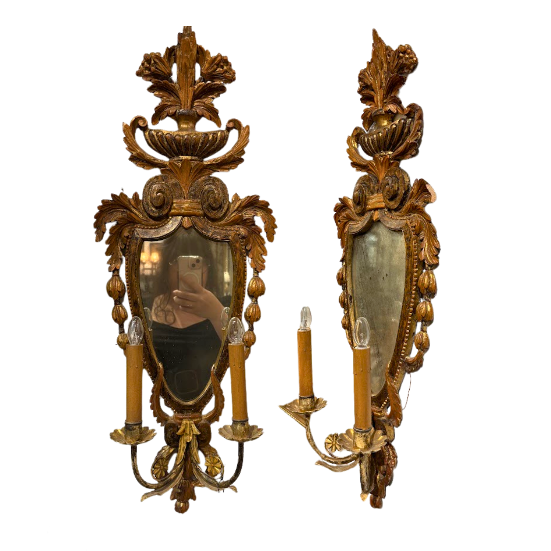 Pair Gilded Wooden Italian Mirrored Sconces
