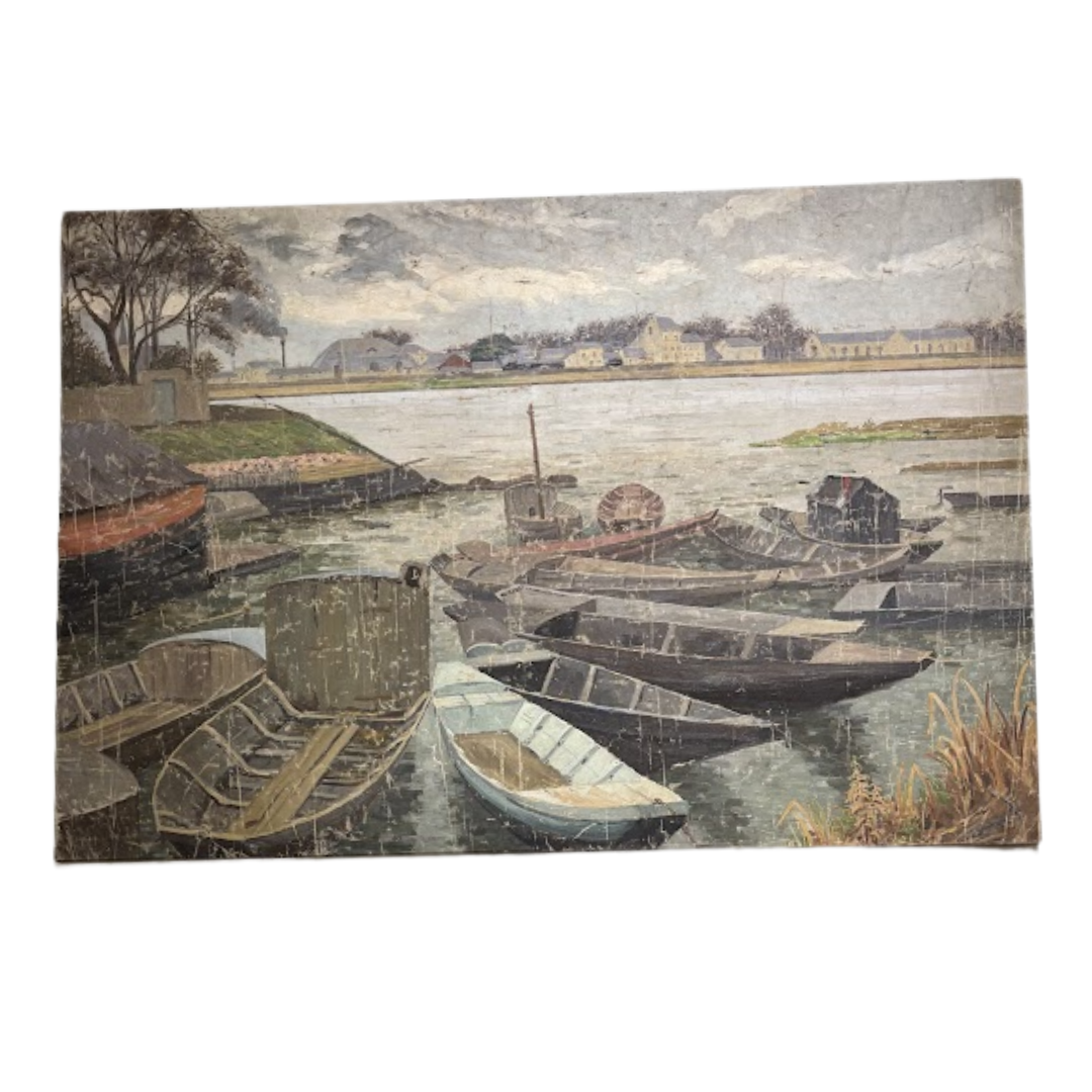 French Large Distressed Painting of Boats on Water (Two of Two)
