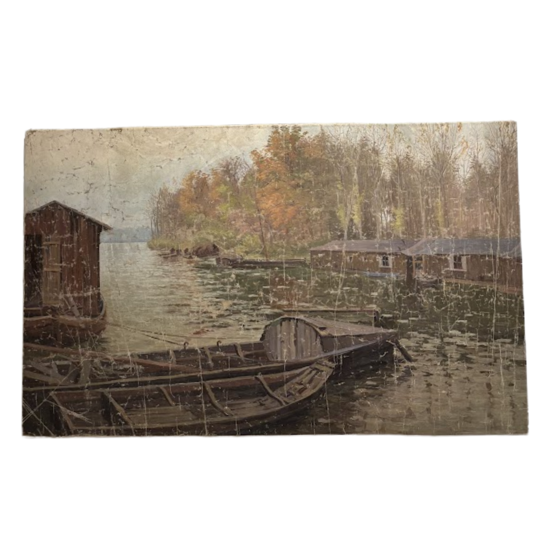 French Large Distressed Painting of Boats on Water (One of Two)