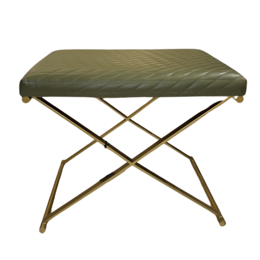 Green leather stool with gold metal frame on a white background