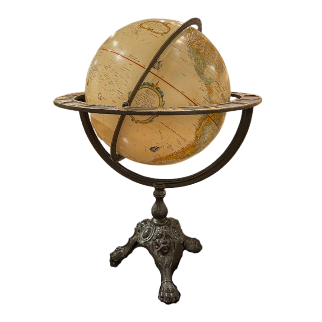 Vintage Globe with Cast Iron Frame & Base