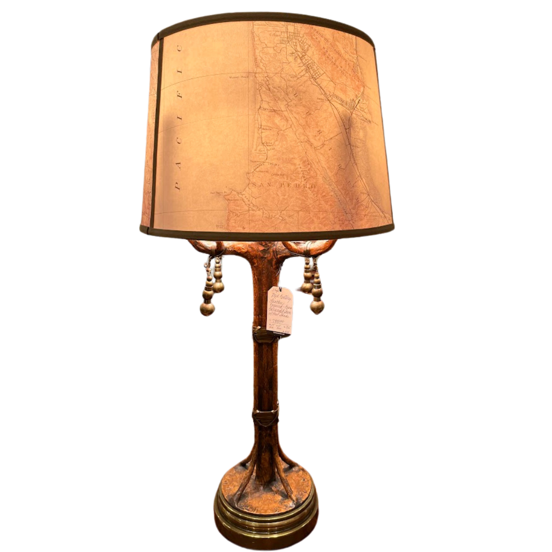 Mid Century Leather Covered Brass & Wrought Iron Lamp with New Shade