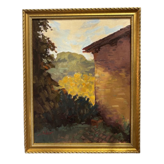 Framed painting of a landscape with a building and trees.