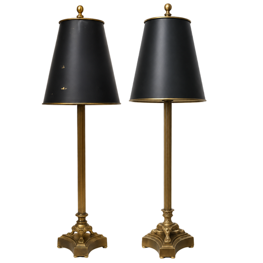 Pair Brass Lamps with Black Tole Shades