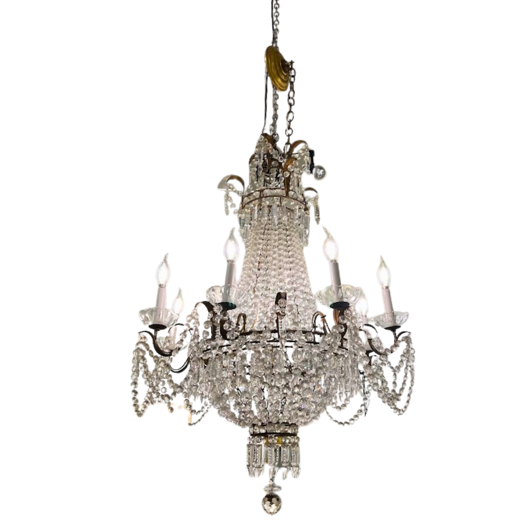 Midcentury Period Italian Classical Style Gilt Metal and Crystal Chandelier (JL1051)