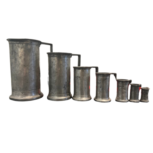 Antique Set of 7 Pewter Bar Measuring Cups/Tankards, 1800s