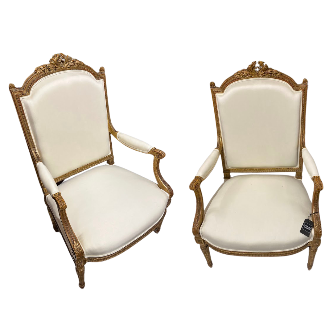 Pair French Finely Carved Gilt Armchairs