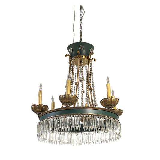 Empire Style Green Tole & Crystal Chandelier by Jansen