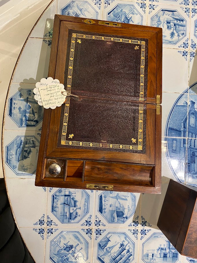 Antique Slope Desk with Aubergine Gilt Tooled Leather Slope with Unusual Matching Abalone Medallion & Escutcheon