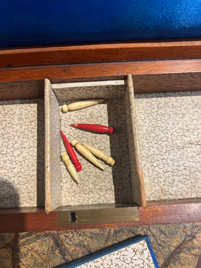 Inlaid Wood and Ivory Cribbage Board Box with Original Pieces