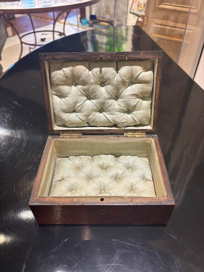 Rare French Polished Burl Walnut Dresser Box with Original Interior and Inlaid with Brass, Bone and Ebonized Wood