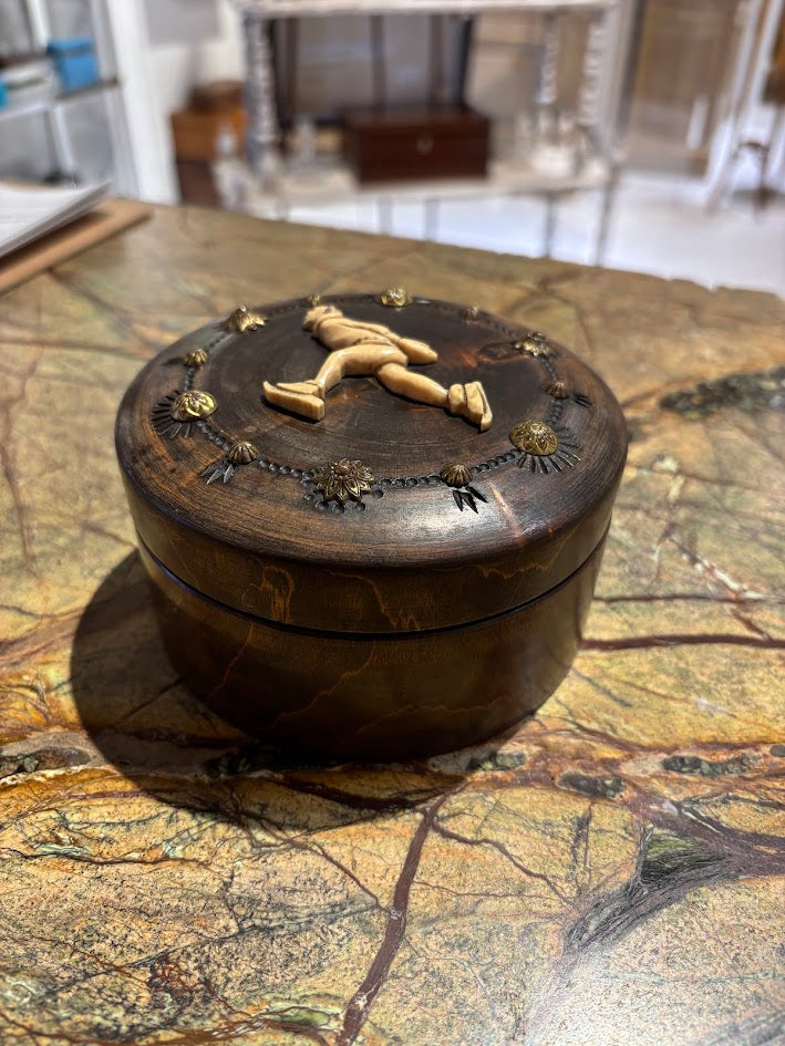 French Round Wood Carved Box with Skater Surrounded by Brass Stone and Studs Circa 1940s