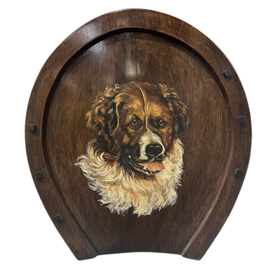 St. Bernard Dog Named "Lucky" Painted on an Old English Horse Shoe Shaped Plaque