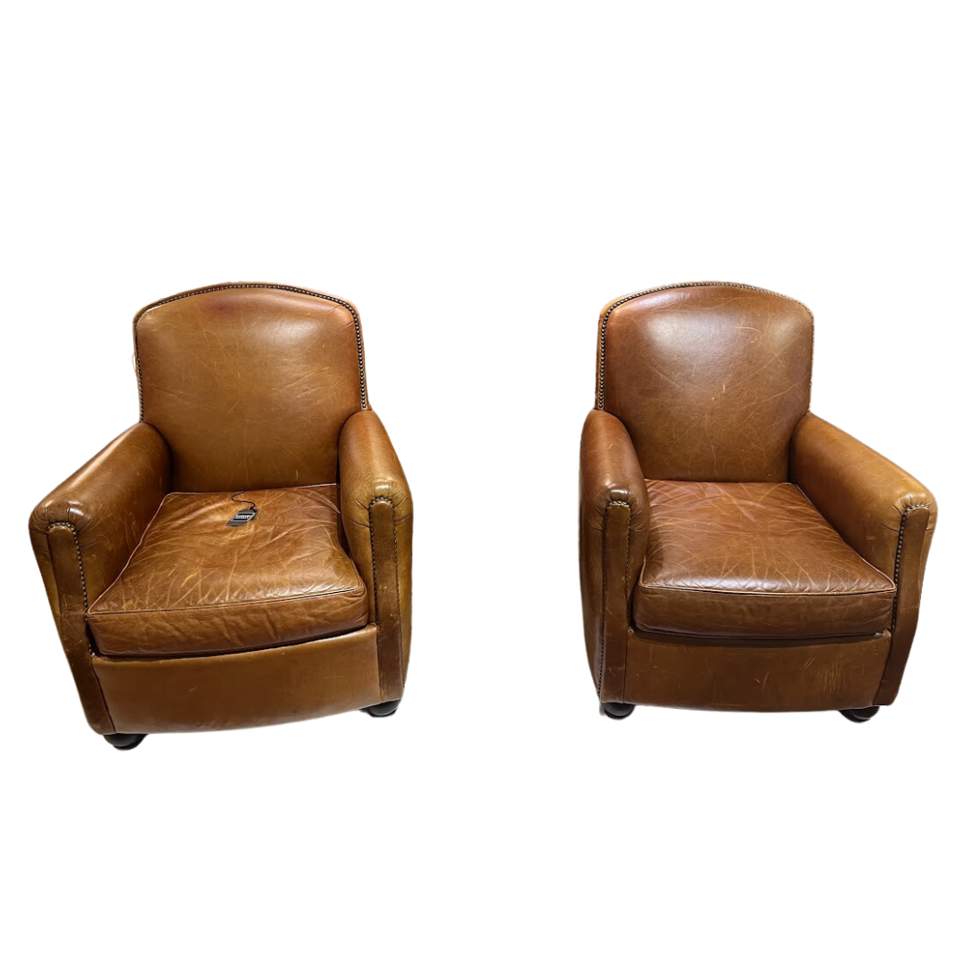 Pair Mitchell Gold Butterscotch Colored Leather Club Chairs