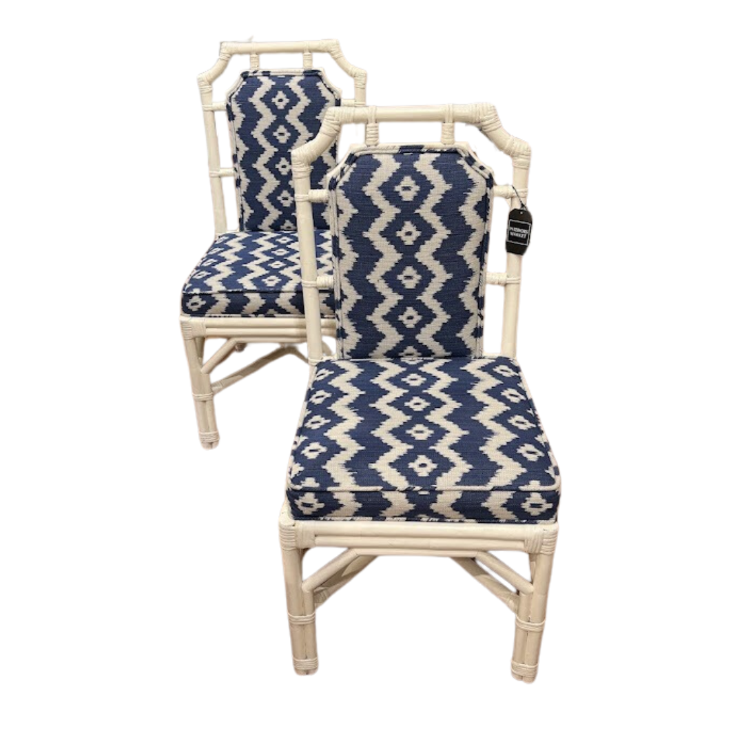 Pair Vintage White Painted Wicker Side Chairs with ADAC Fabric