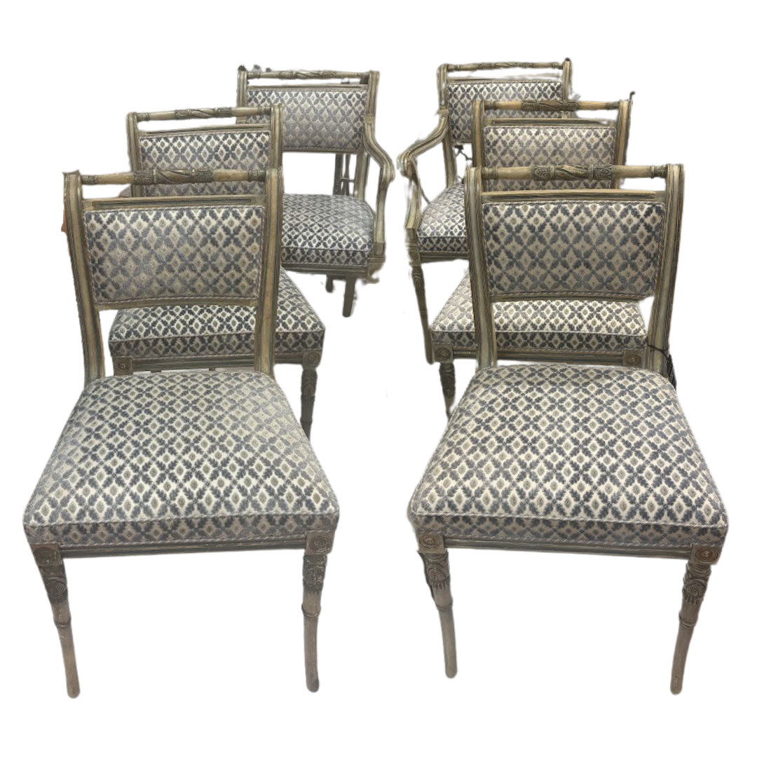 Set of 6 Antique French Custom Painted Dining Chairs Upholstered in Scalamandre Fabric