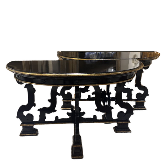 Pair Black Lacquer and Gilt Demilune Console Tables