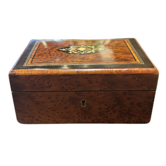 Rare French Polished Burl Walnut Dresser Box with Original Interior and Inlaid with Brass, Bone and Ebonized Wood