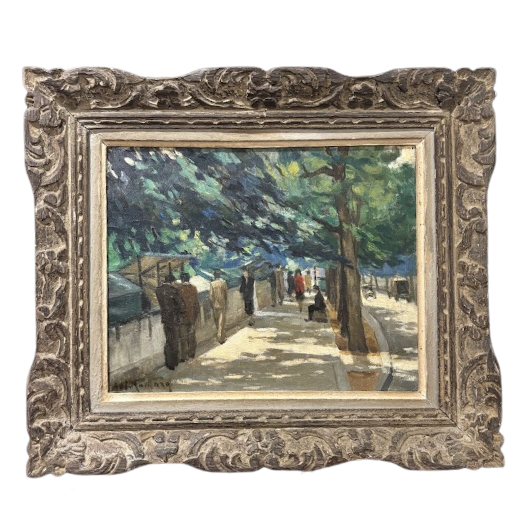 Antique Early 20th Century Signed Parisian Street Scene in Original Frame