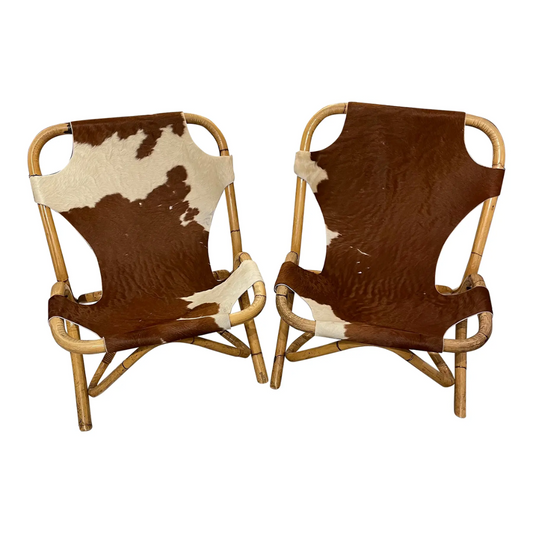 French Mid Century Bamboo Slingback Chairs with Cowhide Seats