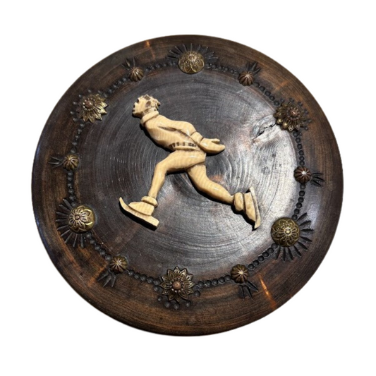 French Round Wood Carved Box with Skater Surrounded by Brass Stone and Studs Circa 1940s