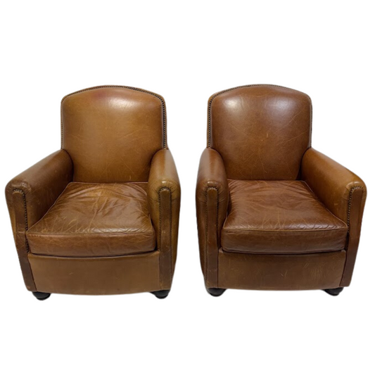 Pair Mitchell Gold Butterscotch Colored Leather Club Chairs