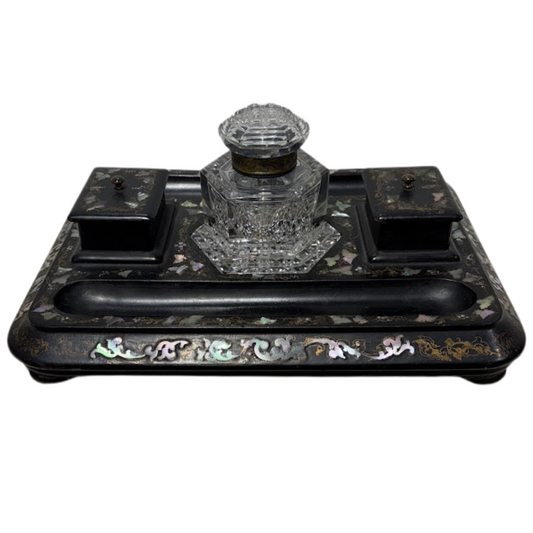 Paper Mache and Mother of Pearl Inkwell Stand, Double Sided with Cut Crystal Inkwell