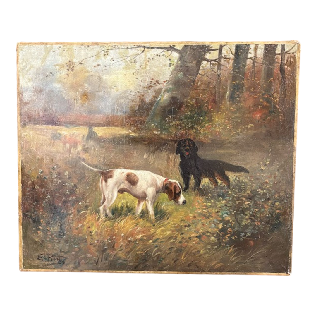 Antique French Hunting Dogs Painting on Canvas, Listed Artist "E. Petit" 1839-1886