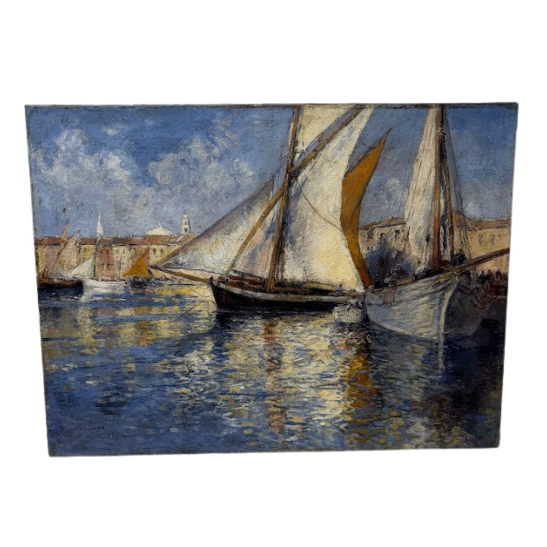 Antique Unframed Late 19th Century Oil On Canvas, "Sailboats in St. Tropez Port" Signed by Listed Artist Henri Paillard (1844-1912)