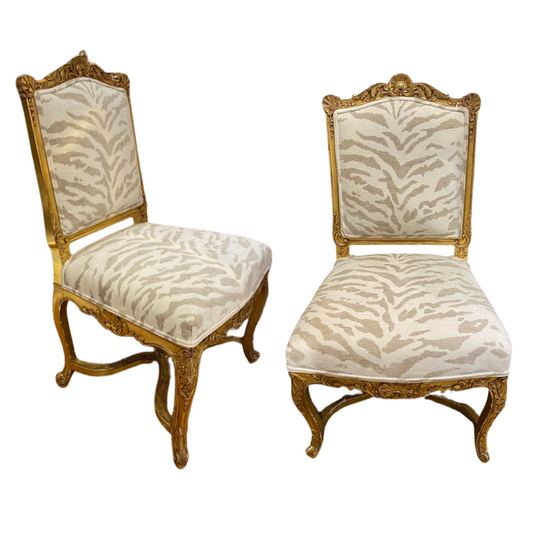 Pair of Antique Rococo Side Chairs, Gilt with Zebra Upholstery