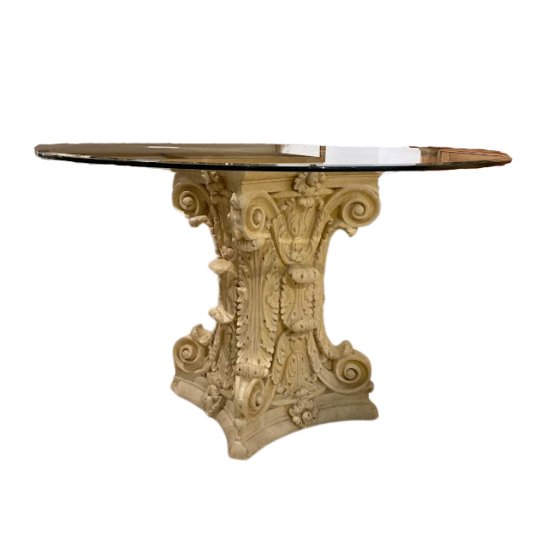 Vintage Stone Capital Table with Round Beveled Glass Top