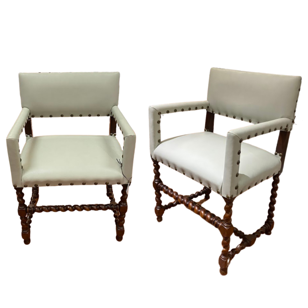 Pair Old French Barley Twist Chairs with New Leather Upholstery